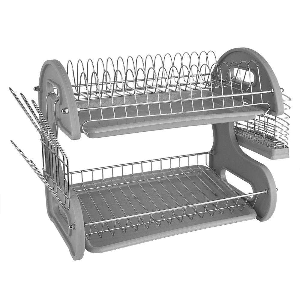 2 Tier Dish Drainer, by Home Basics (Grey) Dish Rack for Kitchen Counter, with Detachable Cutlery Holder and 6 Full Sized Glass or Cup Slots, Space-Saving Organizer