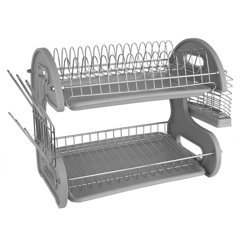 2 Tier Dish Drainer, by Home Basics (Grey) Dish Rack for Kitchen Counter, with Detachable Cutlery Holder and 6 Full Sized Glass or Cup Slots, Space-Saving Organizer