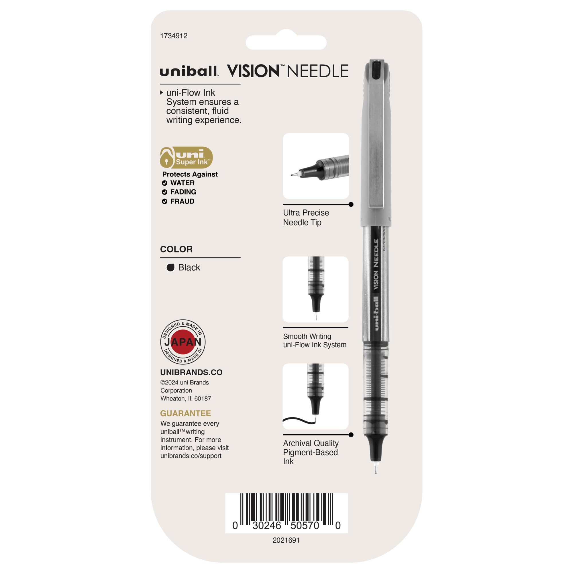 uniball Vision Needle Rollerball Pens, Fine Point (0.7mm), Black, 5 Pack