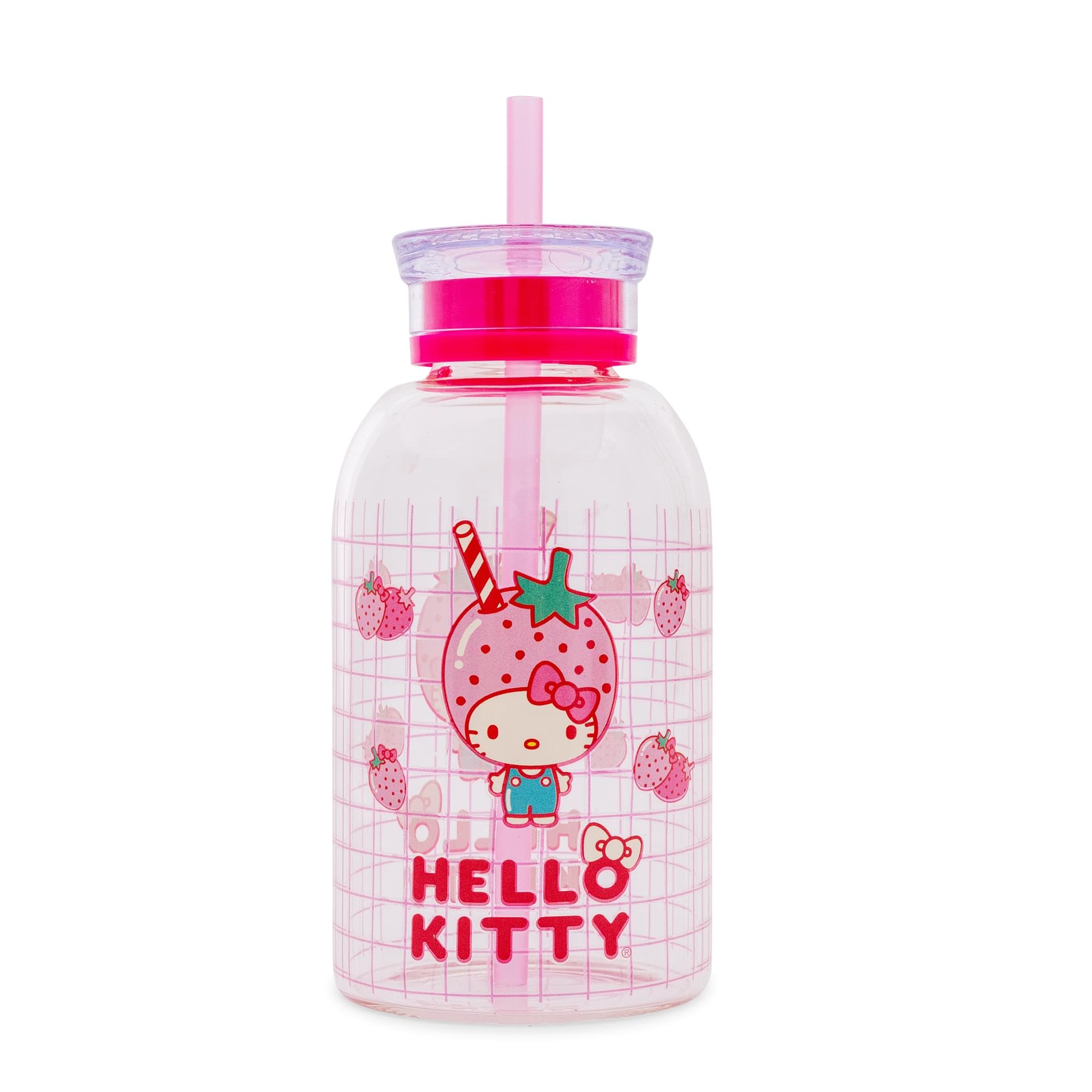 Silver Buffalo Sanrio Hello Kitty Strawberry Milk Grid Glass Milk Bottle with Straw, 15 Ounces