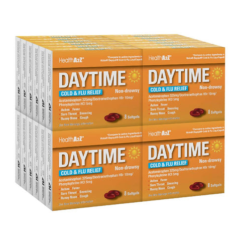 HealthA2Z® Daytime | Cold & Flu Medicine | Powerful Multi-Symptom Daytime Relief | 8 Count (Pack of 24) | 192 Softgels Total | Value Pack