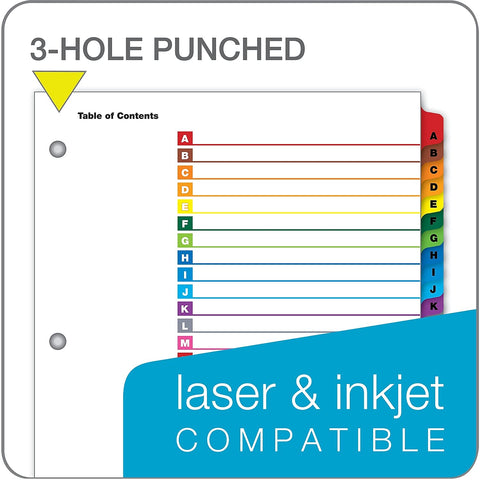 Cardinal OneStep Binder Dividers, A–Z Tab Dividers for 3 Ring Binders, Customizable Table of Contents, Reversible Multicolor Tabs, Lettered, 1 Set (60218)