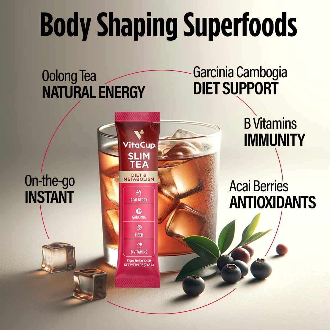 VitaCup Slim Instant Tea Packets For Diet Support, Oolong tea w/B Vitamins, Garcinia, Inulin & Acai, On-the-go Instant Sticks, 10 Ct