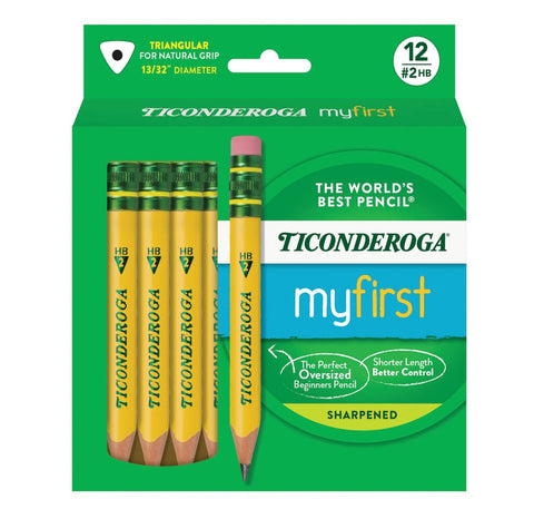 Ticonderoga My First Half-Size Wooden Pencils, Large Triangle-Barrel Pre-Sharpened #2 (HB) Short 4.5" Yellow Pencils with Erasers, Yellow, 12/Pack