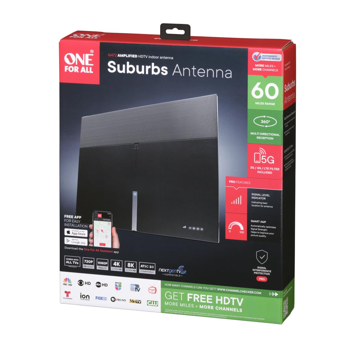 One for All 16472 HDTV 1080p Amplified Indoor TV Antenna 50 Mile Range with Multi Directional Reception, 8 Feet Coaxial Cable & Signal Level Indicator - Black