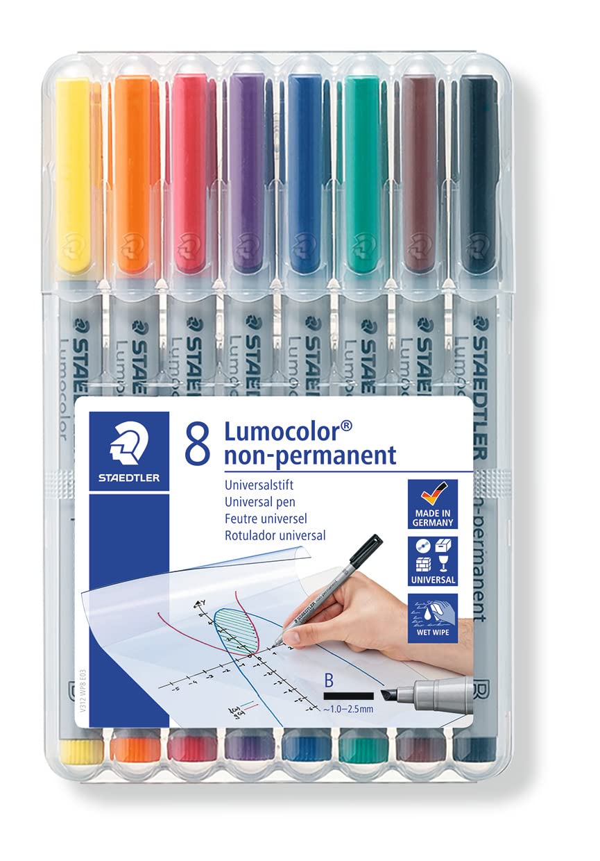 Staedtler Lumograph Non-Permanent Wet Erase Marker Pens, Broad Tip, Low Odor Colored Markers, 8 Pack, 312 WP8