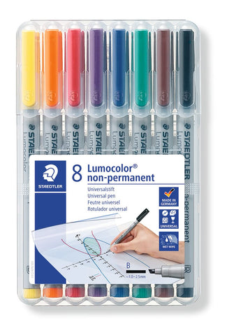Staedtler Lumograph Non-Permanent Wet Erase Marker Pens, Broad Tip, Low Odor Colored Markers, 8 Pack, 312 WP8