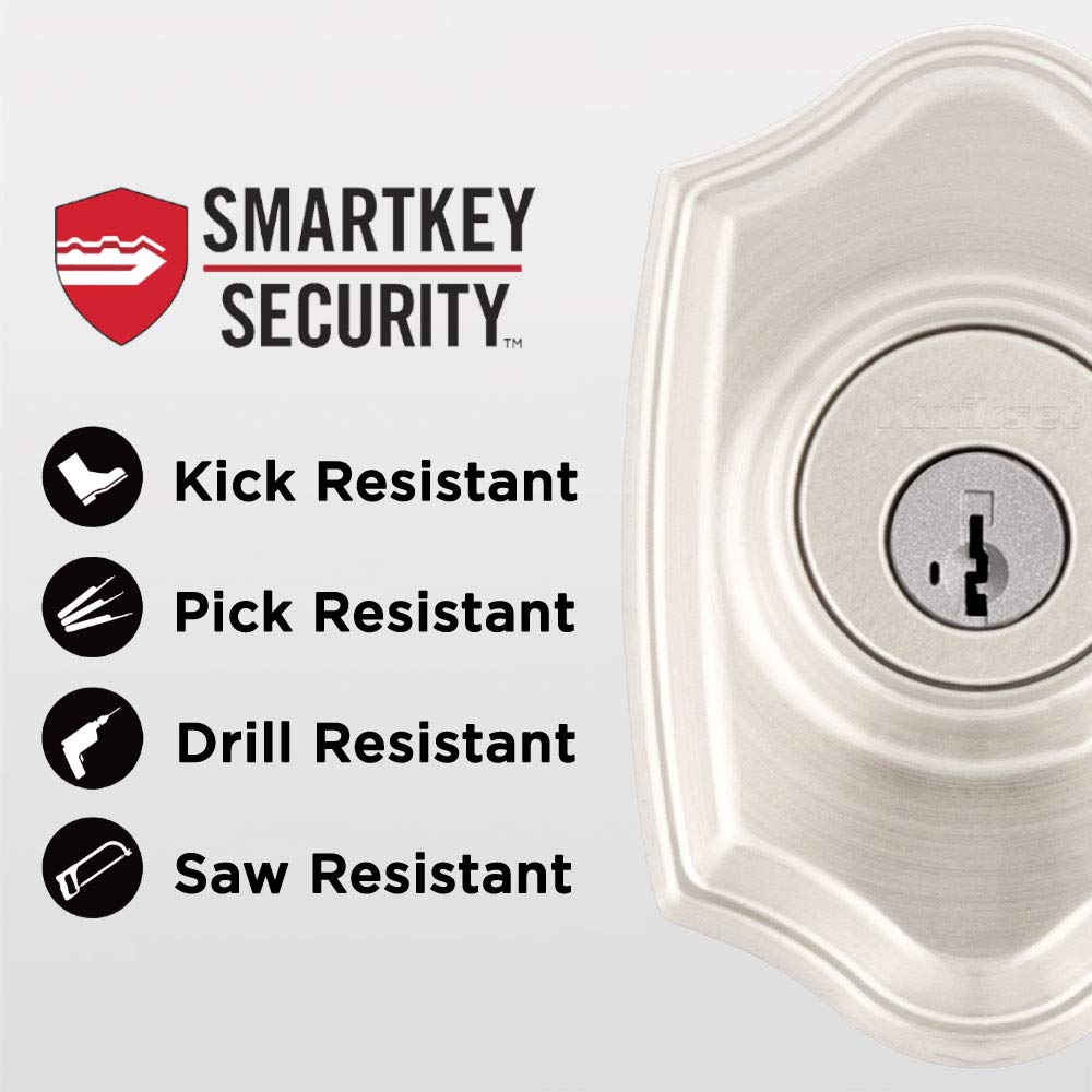 Kwikset Belleview Front Door Lock Handle and Deadbolt Set, Entry Handleset Exterior with Interior Door Knob, Satin Nickel, Pick Resistant SmartKey Rekey Deadbolt Security