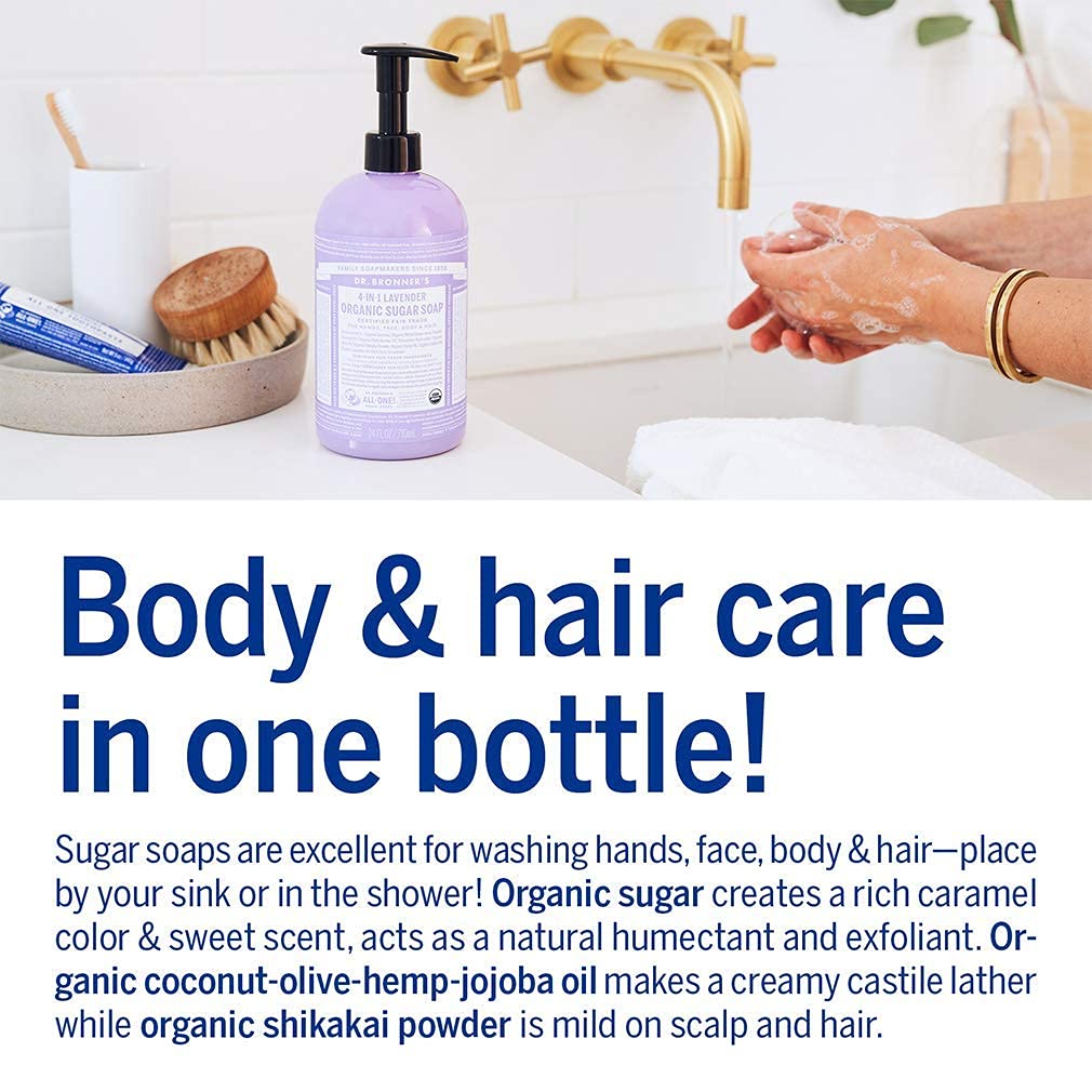 Dr. Bronner's - Organic Sugar Soap (Lavender, 12 Ounce) - Made with Organic Oils, Sugar and Shikakai Powder, 4-in-1 Uses: Hands, Body, Face and Hair, Cleanses, Moisturizes and Nourishes, Vegan