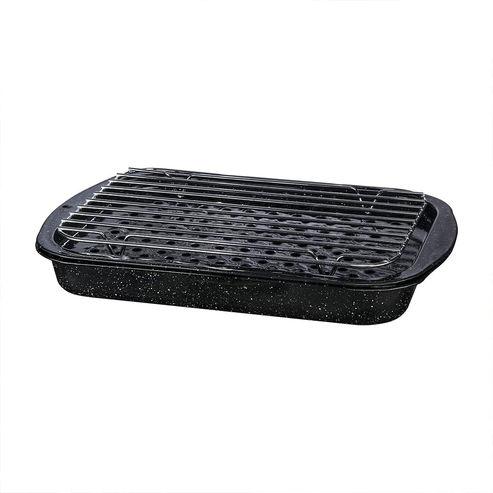 Granite Ware 3 piece multiuse set. Enameled steel bake, broiler pan, and grill with rack. Versatile for oven and direct fire cooking. Resists up to 932°F.