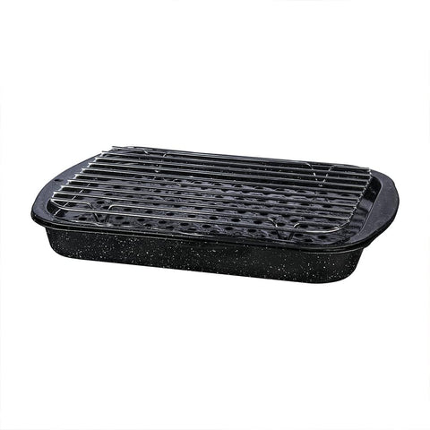 Granite Ware 3 piece multiuse set. Enameled steel bake, broiler pan, and grill with rack. Versatile for oven and direct fire cooking. Resists up to 932°F.