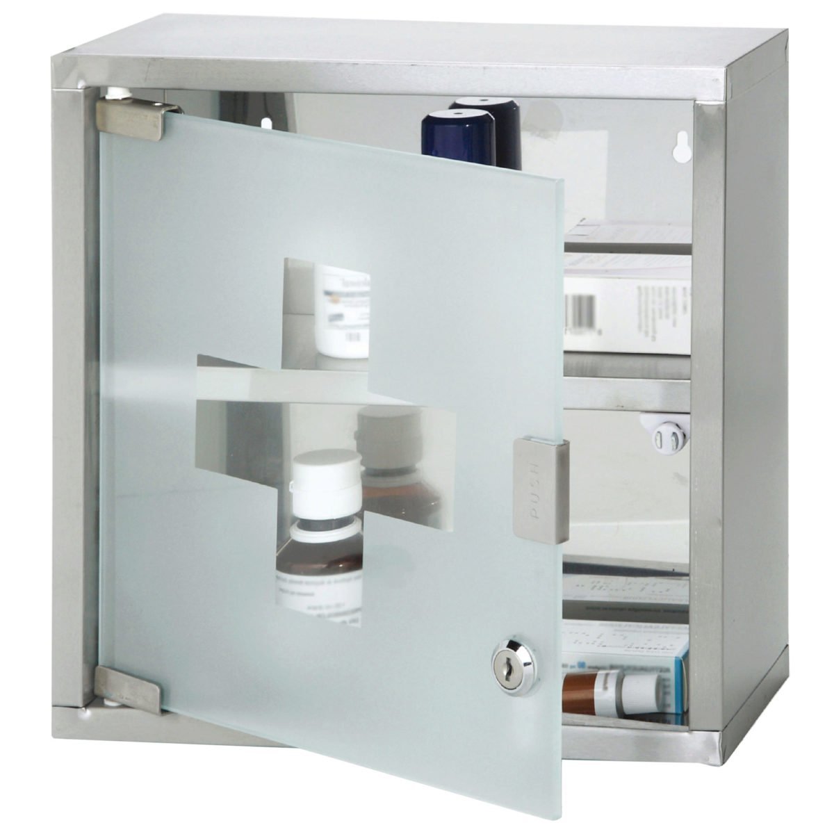Kole Import Inc. Lockable Medicine Cabinet, Silver, 12" x 12" x 5", 2 Levels, 2 Shelves, Wall Mount, Contemporary Style, Keyed Lock