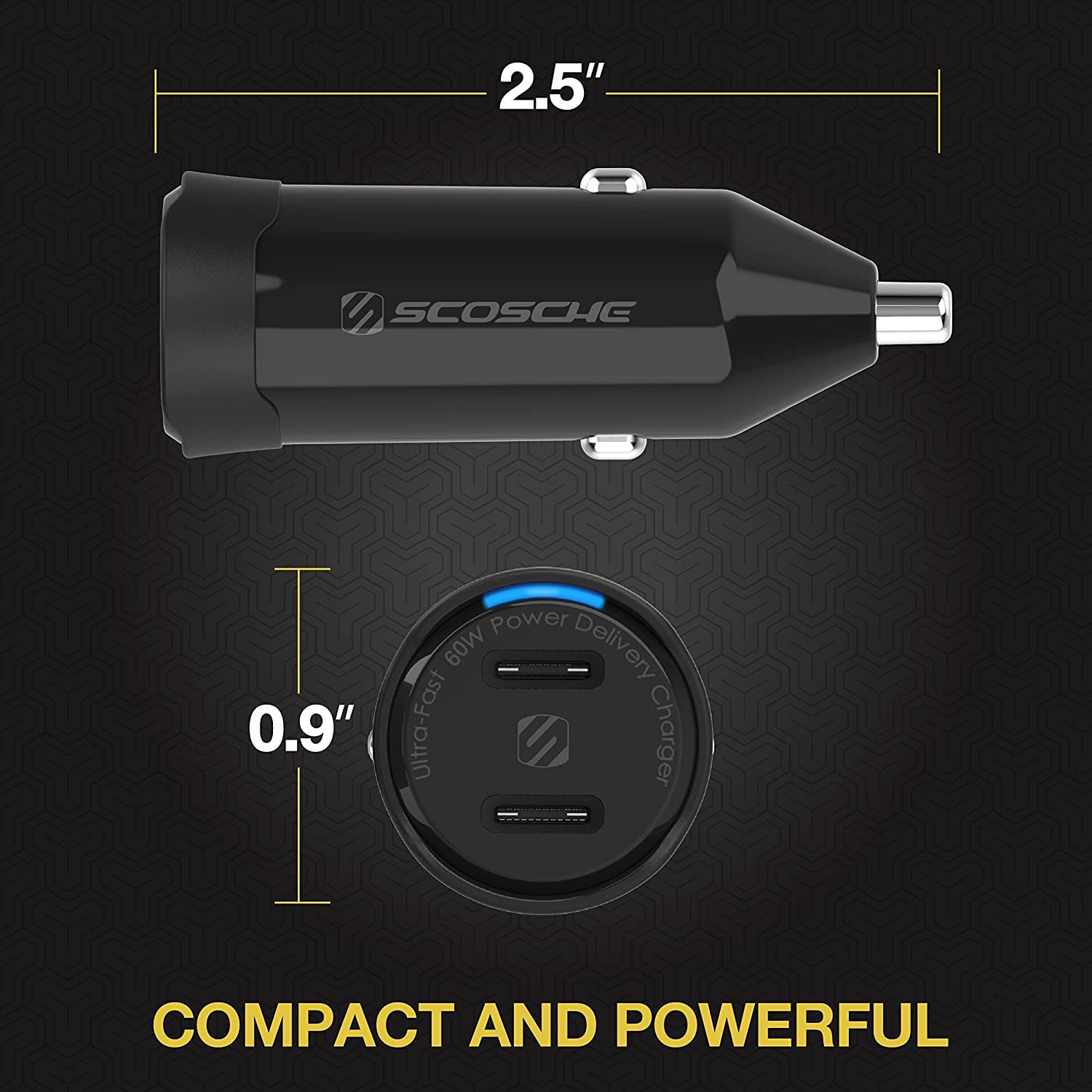 Scosche CPDCC60 PowerVolt 60W Certified Dual USB Type-C + Type-C Fast Car Charger Power Delivery 3.0 with PPS for All USB-C Devices
