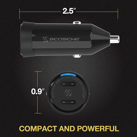 Scosche CPDCC60 PowerVolt 60W Certified Dual USB Type-C + Type-C Fast Car Charger Power Delivery 3.0 with PPS for All USB-C Devices