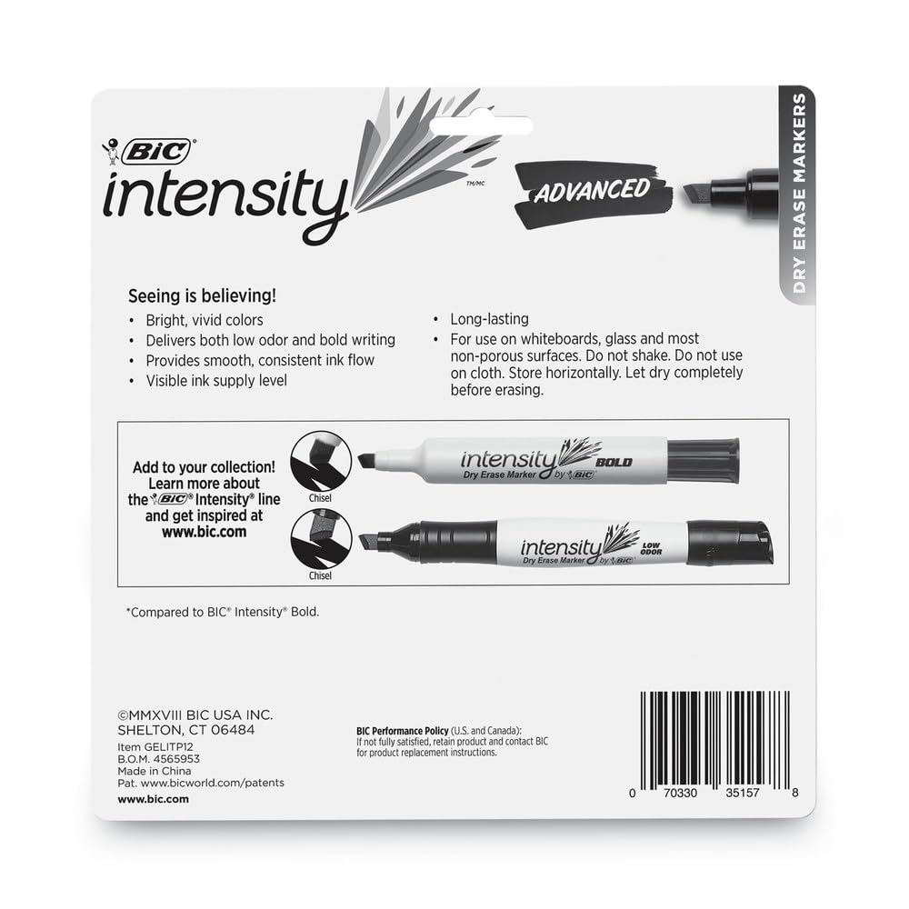 BIC GELITP121AST Low Odor and Bold Writing Dry Erase Marker Chisel Tip Assorted Dozen
