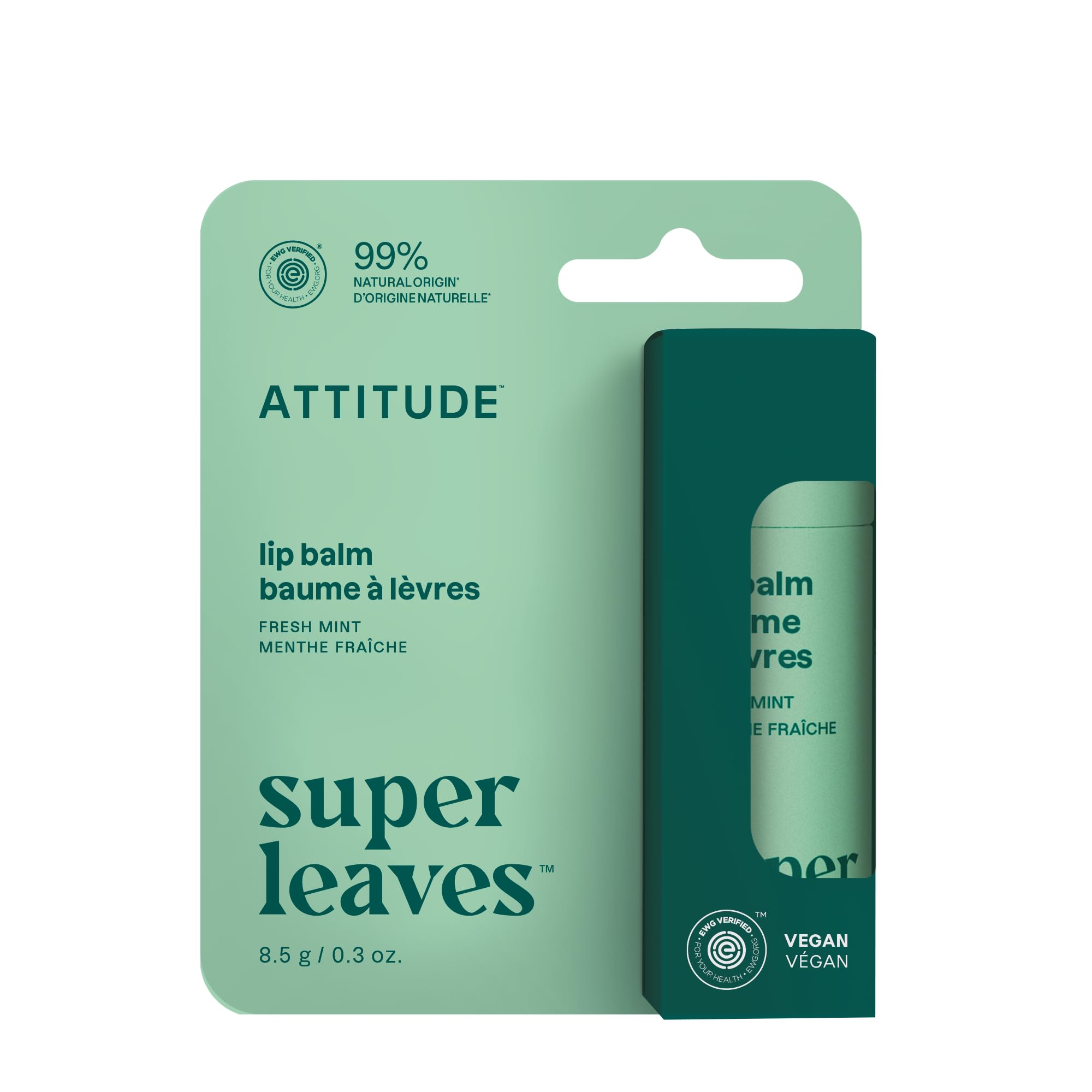 ATTITUDE Lip Balm, Natural Origin, Nourishes & Protects, Shea Butter, Coconut & Olive Oils, EWG Verified, For Dry Lips, Men and Women, Vegan, Fresh Mint, 0.3 Oz