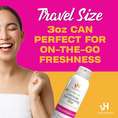 vH essentials Feminine Spray, Intimate Deodorizing Mist, Gentle Odor Eliminating Ph Balanced Formula, Sting Free, Alcohol free, Continuous Spray, 3 floz.