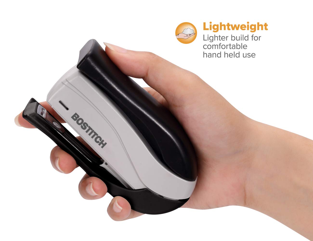 Bostitch Office inSHAPE Compact Stapler, 15 Sheet Capacity, One Finger, No Effort, Spring Powered, Black/Gray