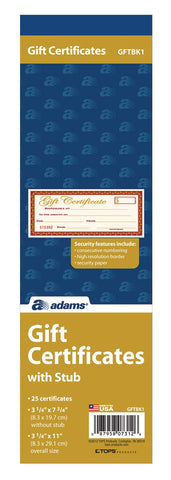 Adams 1-Part Gift Certificates with Stub, 3-1/4" x 11", 25 Certificates/BK (GFTBK1)