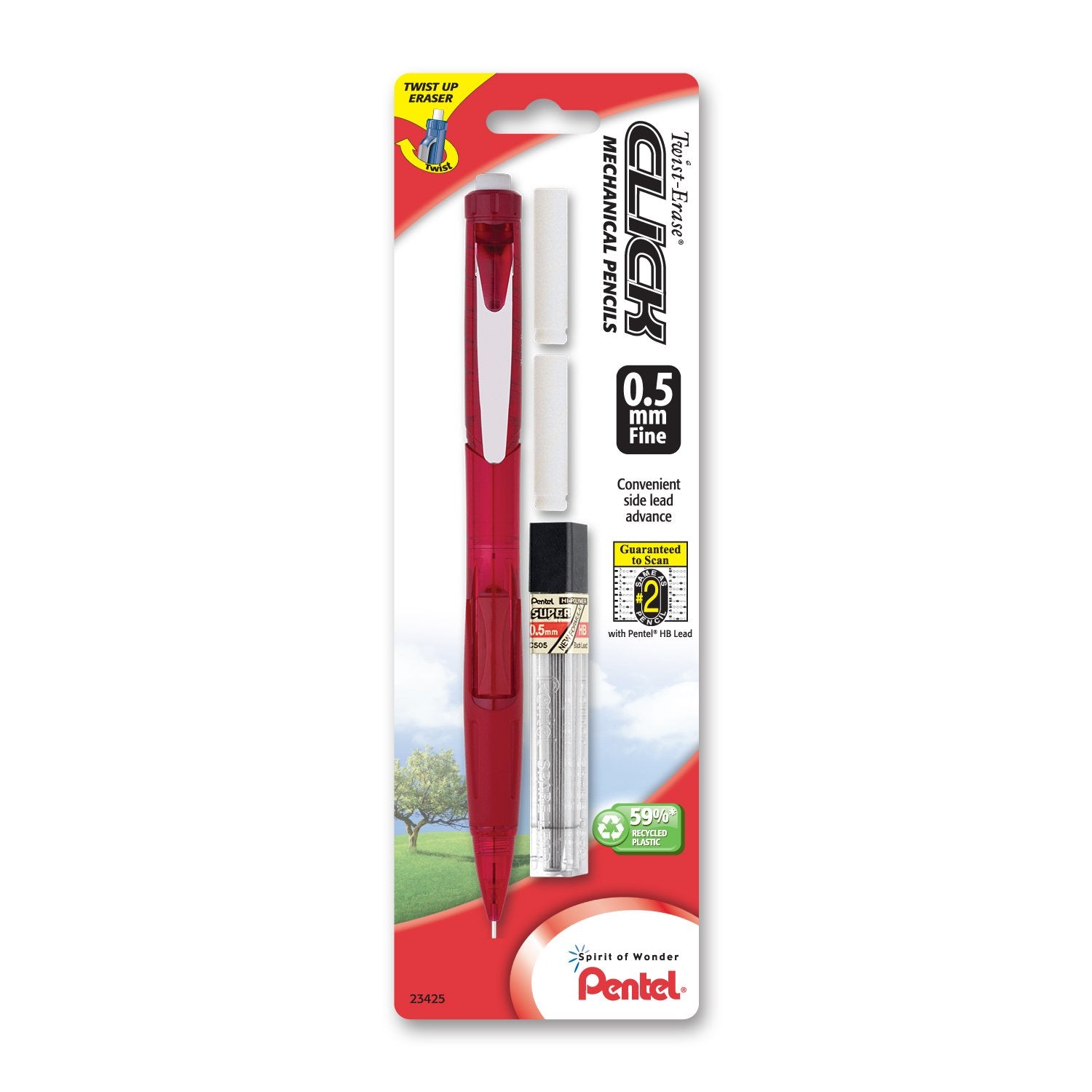 Pentel Twist Erase CLICK Automatic Pencil with 2 Eraser Refills and Lead, 0.5mm, Assorted Barrels, Color May Vary, 1 Pack (PD275TLEBP), Assorted Colors