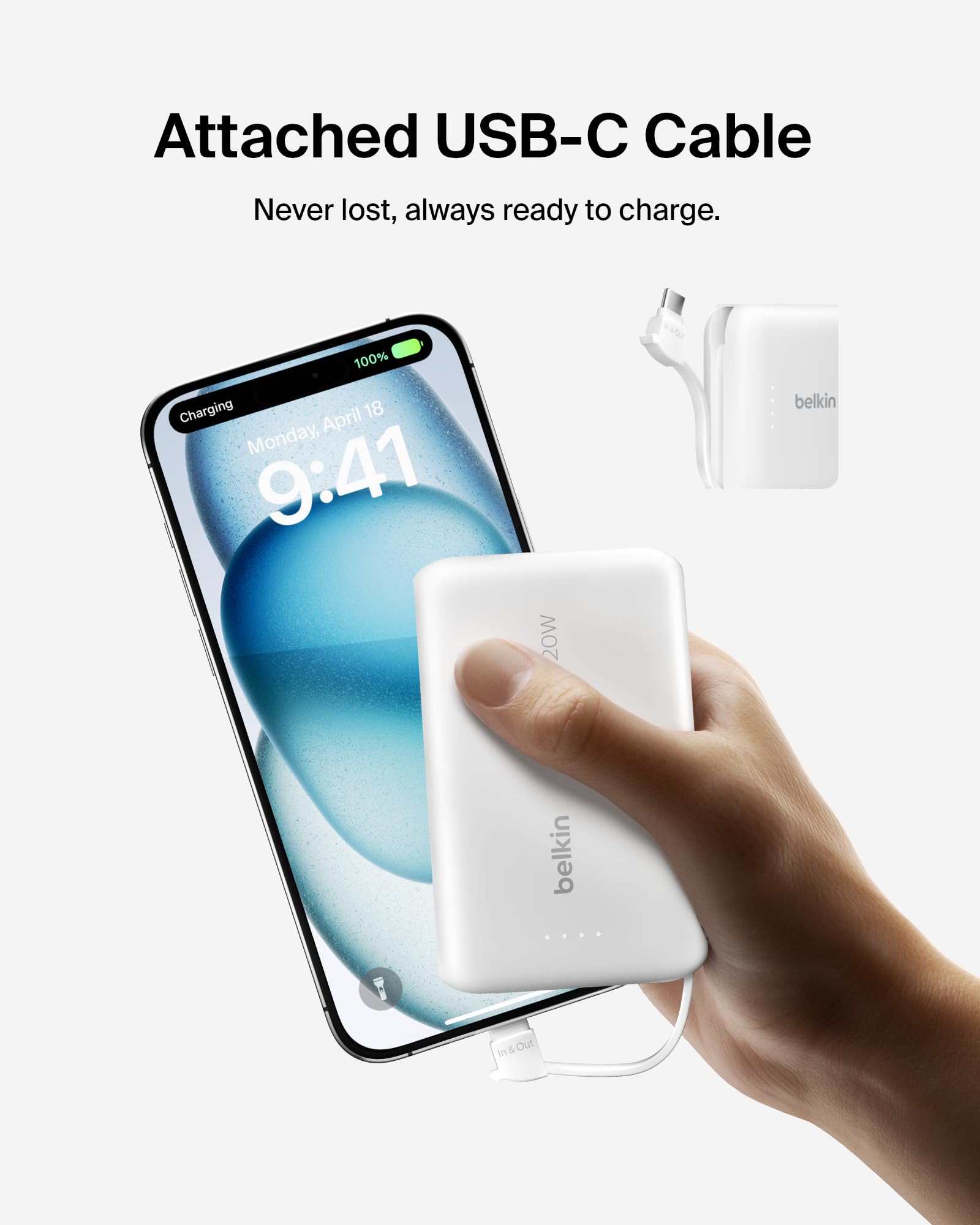 Belkin Portable Charger Power Bank USB C, 10000 mAh w/Integrated Cable, 20W Fast Charge USB-C Power Delivery, iPhone Charger, Apple iPhone 17, Air, Pro, Pro Max, iPad, Samsung Galaxy S25 - White