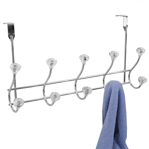 Home Basics 5 Hook Over the Door Hanging Rack with Crystal Knobs, Multipurpose for Hanging Clothes, Coats, Towels Robes, Chrome