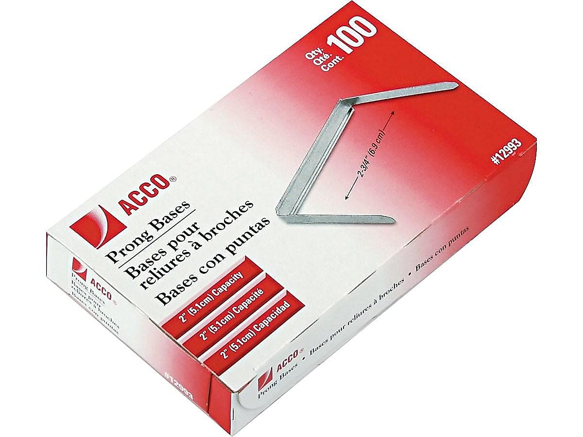 ACCO 2 Inch Capacity Prong Fastener Bases, 2-3/4 Inch Centers, 100 Bases/Box (12993)