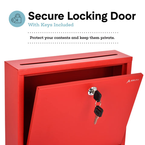 Adir Metal Suggestion Box with Lock and Slot, Wall Mount Deposit Box for Payments and Checks, Office Mail Box for Employees, Mailbox for House, Safe Drop Box with Keys - 3x10x12 Inch Red
