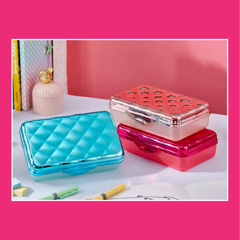 It's Academic Metallic Pencil Case Box, Hard Plastic, Stylish Quilted-Pattern Lid, Pink