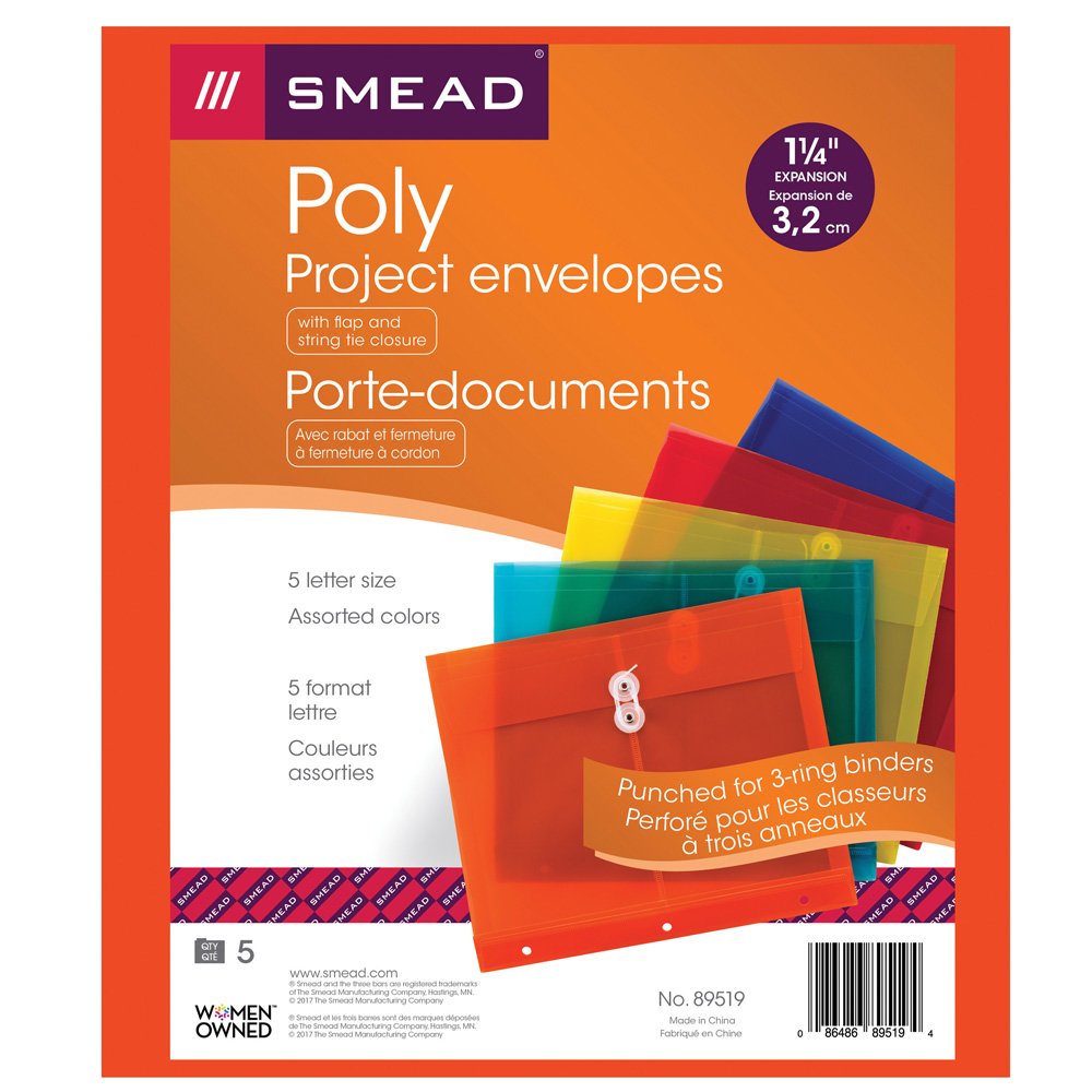 Smead Poly Project Envelope, 1-1/4" Expansion, String-Tie Closure, Side Load, Letter Size, 5 per Pack (89519)