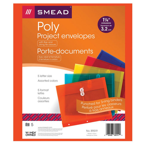 Smead Poly Project Envelope, 1-1/4" Expansion, String-Tie Closure, Side Load, Letter Size, 5 per Pack (89519)