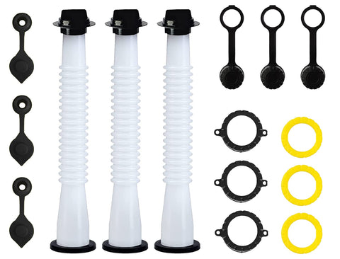 KP KOOL PRODUCTS Universal Gas Can Spout Replacement, Gas Can Nozzle with Gasket, Stopper, Collar Caps (Black and Yellow) & gas can vent caps, Pack of 3