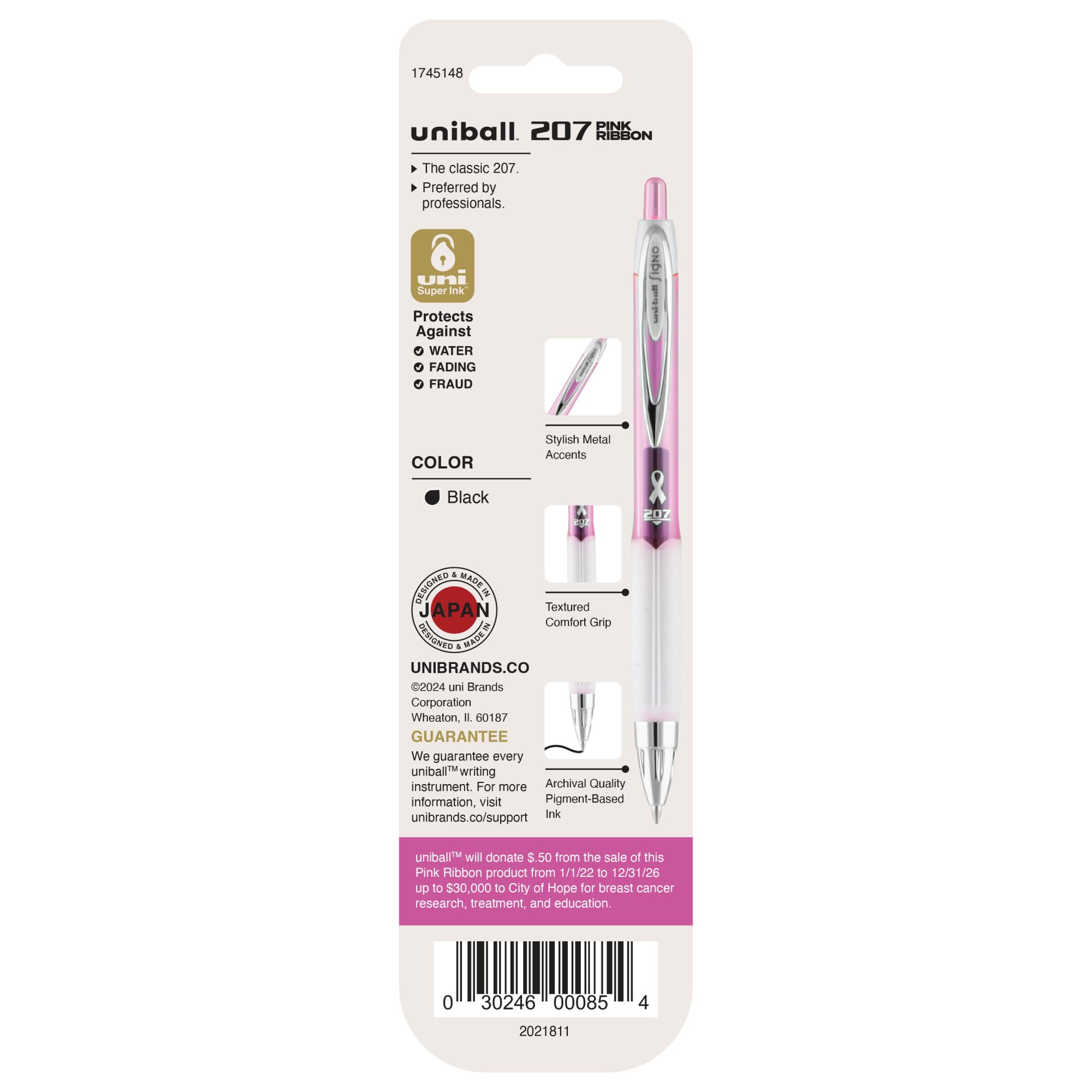 uniball 207 Pink Ribbon Retractable Gel Pens, Medium Point (0.7mm), Black, 2 Pack