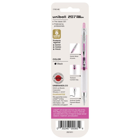 uniball 207 Pink Ribbon Retractable Gel Pens, Medium Point (0.7mm), Black, 2 Pack