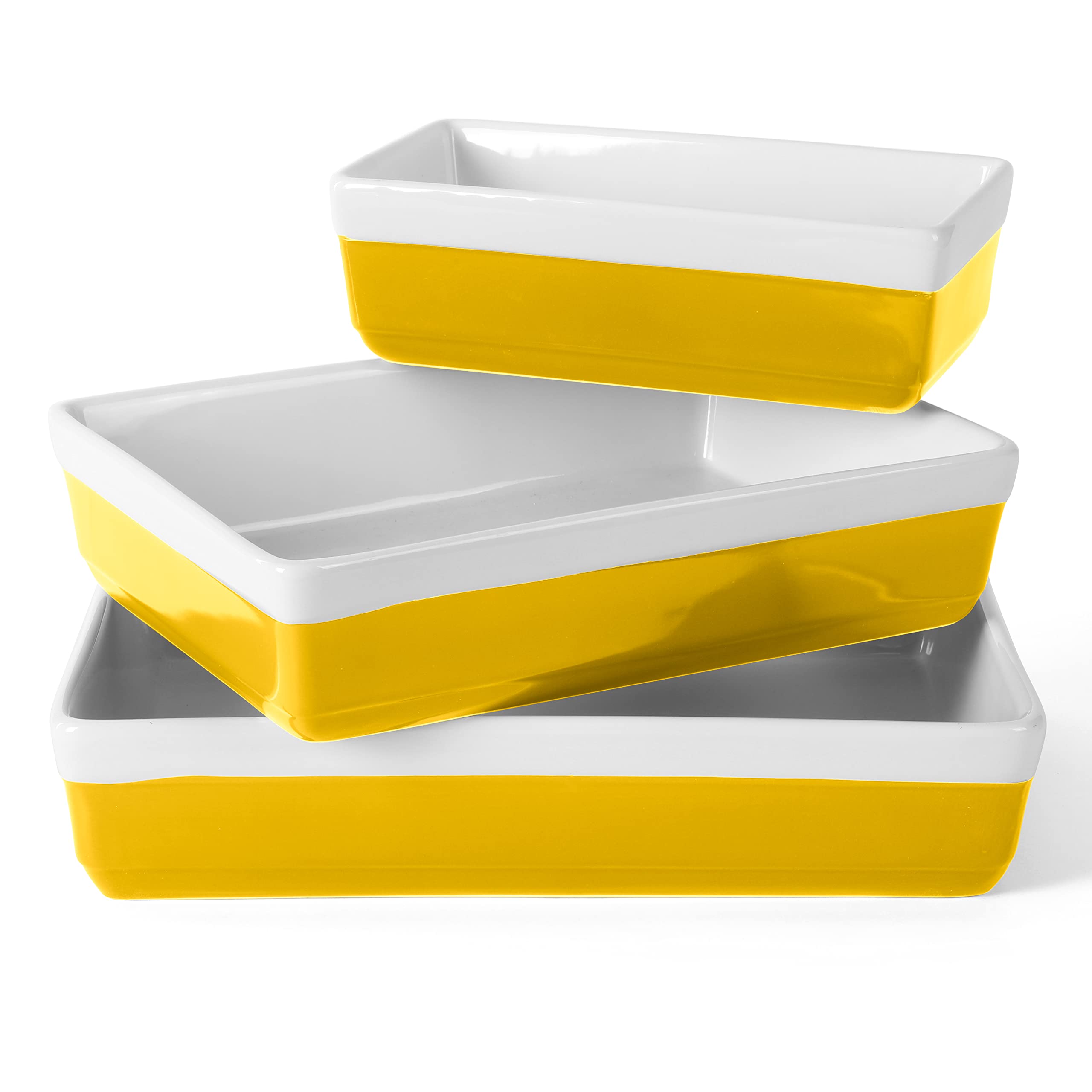 MARTHA STEWART 3-Piece Oven to Table Stoneware Bakeware Set – Baking Dish & Casserole Set – Yellow – Durable Oven-Safe Bakeware for Baking and Serving
