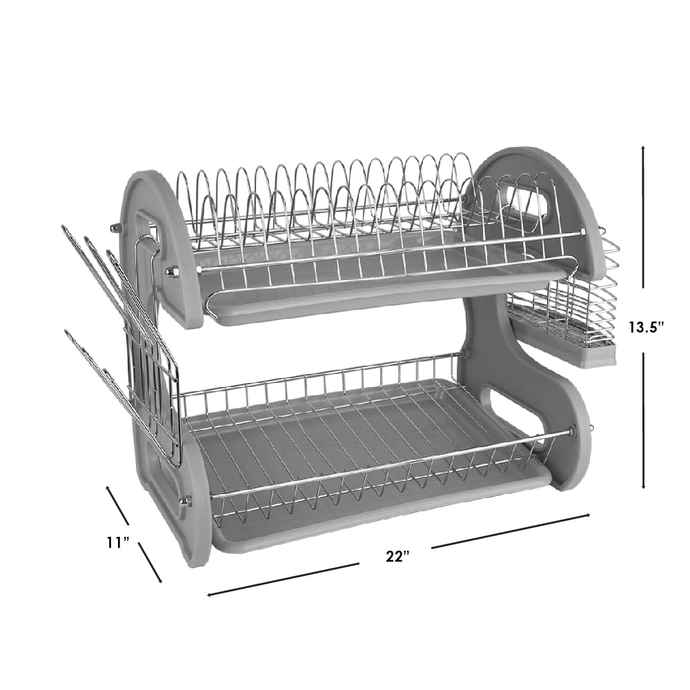 2 Tier Dish Drainer, by Home Basics (Grey) Dish Rack for Kitchen Counter, with Detachable Cutlery Holder and 6 Full Sized Glass or Cup Slots, Space-Saving Organizer