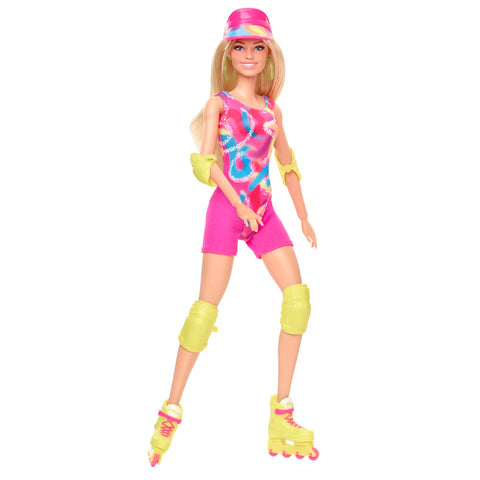Barbie The Movie Margot Robbie - Skating Doll with Neon Outfit, Retro Gymnastics Suit, Pink Biker Shorts, Sun Shield, Neon Green Hoop Earrings, Skating Equipment, Impala Inline Skates, HRB04