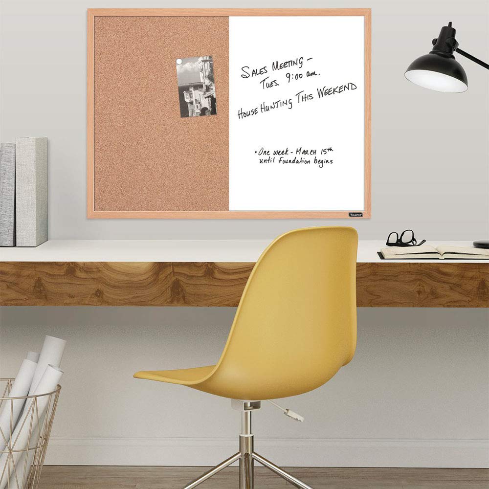 Quartet Combination Whiteboard & Corkboard, 23" x 17", Combo White Board & Cork Board, Oak Finish Frame (35-380402Q)