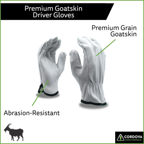 Cordova 8500 Premium Grain Goatskin Driver Gloves, Unlined, Shirred Elastic Back, Keystone Thumb, Light Gray, 2X-Large, 12-Pack