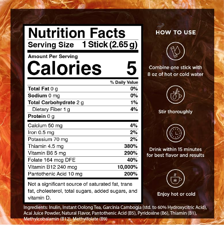 VitaCup Slim Instant Tea Packets For Diet Support, Oolong tea w/B Vitamins, Garcinia, Inulin & Acai, On-the-go Instant Sticks, 10 Ct