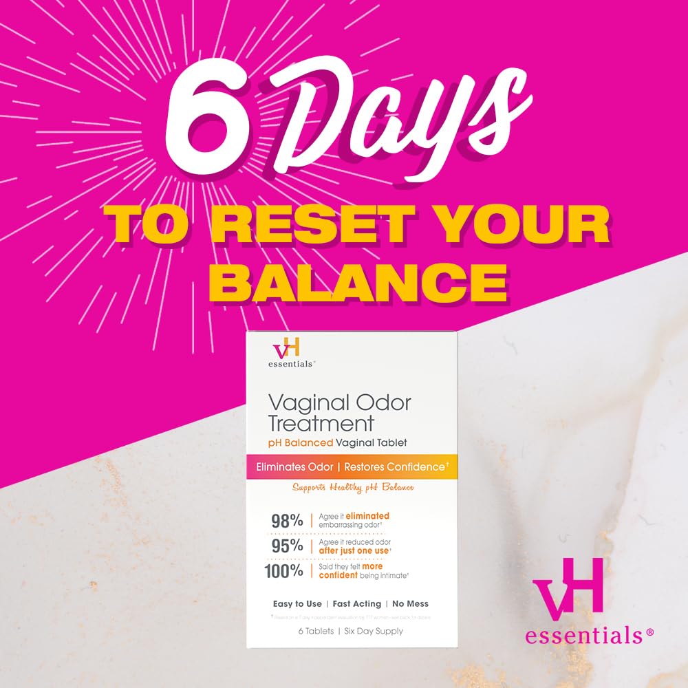 vH essentials Vaginal Odor Treatment - pH Balanced Vaginal Suppositories - 6 Tablets With Applicator, White