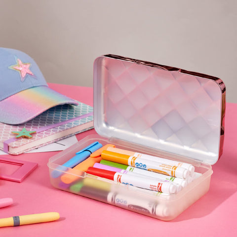 It's Academic Metallic Pencil Case Box, Hard Plastic, Stylish Quilted-Pattern Lid, Rose Gold