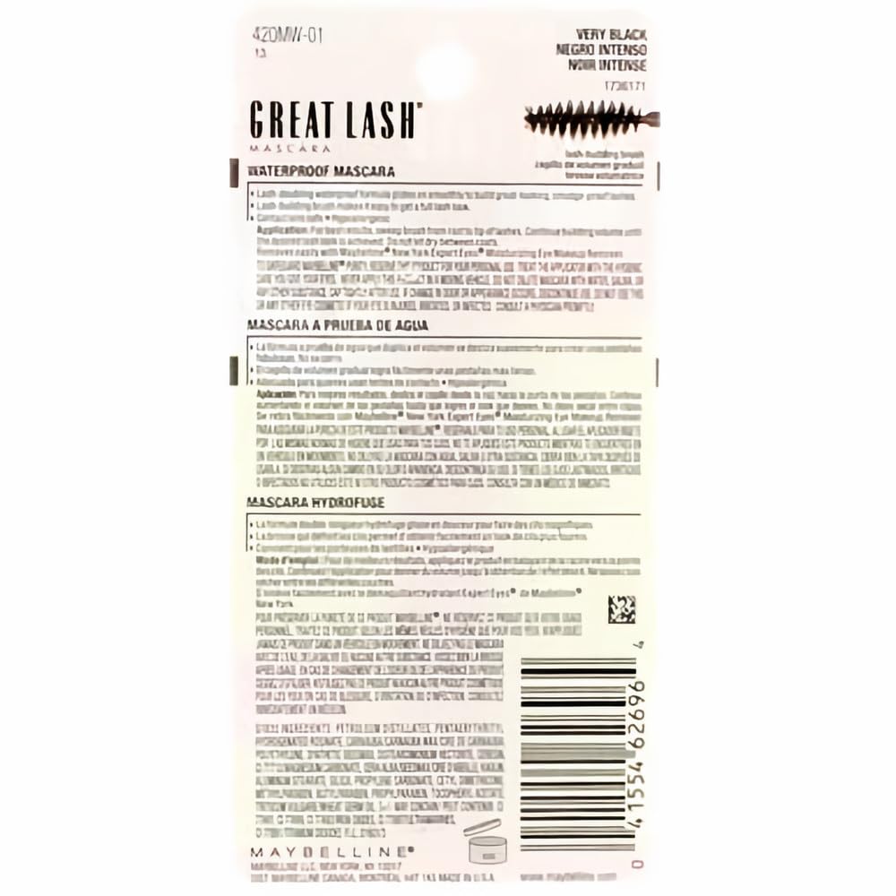Maybelline Great Lash Waterproof Mascara, Very Black [111], 0.43 oz (Pack of 5)