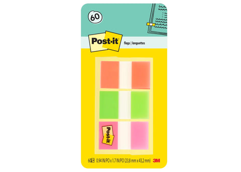 Post-it Flags, 60/On-the-Go Dispenser, 1 Dispenser/Pack, 1 in Wide, Orange, Lime, Pink (680-OLP)