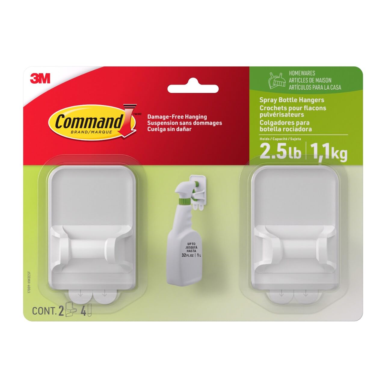 Command Spray Bottle Hangers, Holds up to 32 fl oz, 2 Hangers with 4 Strips, Damage-Free Spray Bottle Holder Wall Mount to Cabinet, Kitchen, or Under Sink