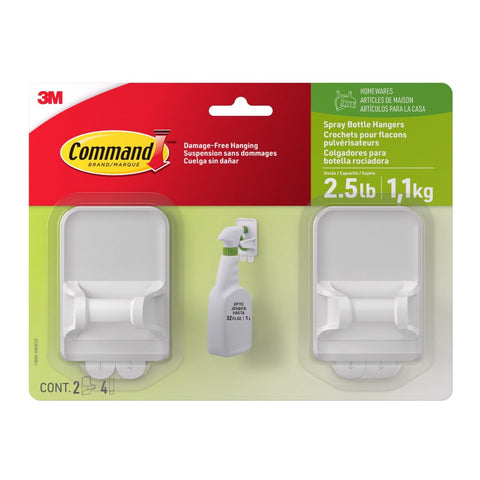 Command Spray Bottle Hangers, Holds up to 32 fl oz, 2 Hangers with 4 Strips, Damage-Free Spray Bottle Holder Wall Mount to Cabinet, Kitchen, or Under Sink
