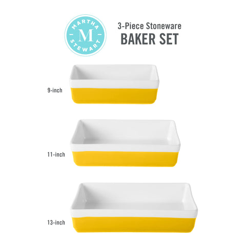 MARTHA STEWART 3-Piece Oven to Table Stoneware Bakeware Set – Baking Dish & Casserole Set – Yellow – Durable Oven-Safe Bakeware for Baking and Serving