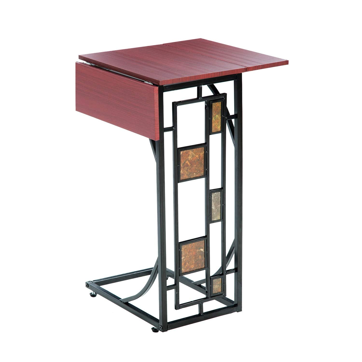 Etna Expandable Wood Top Sofa Side End Table - Metal Base with Geometric Design - C-Shaped TV Tray Slides Up to Couch, Chair, Recliner