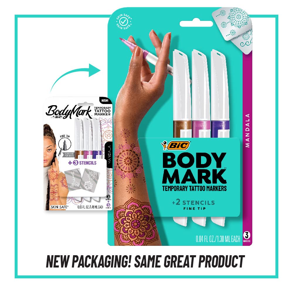 BIC BodyMark Temporary Tattoo Marker with Fine Tip, Mandala, Assorted Colors, Pack of 3 Markers + 3 Stencils - Amazon Vine