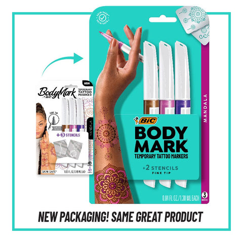 BIC BodyMark Temporary Tattoo Marker with Fine Tip, Mandala, Assorted Colors, Pack of 3 Markers + 3 Stencils - Amazon Vine